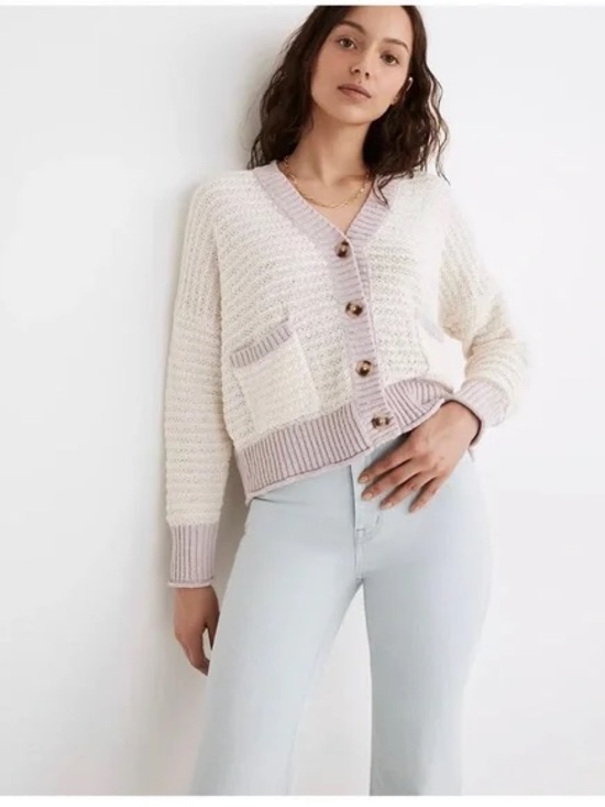 Madewell Sweaters - Madewell Ivory Cardigan with Light Lavender Trim